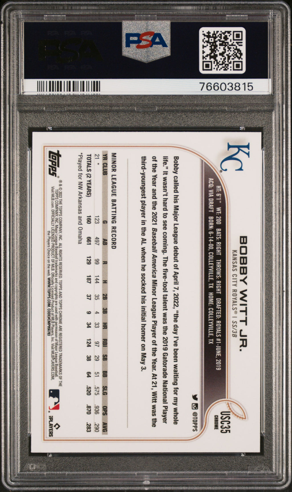 2022 Topps Chrome Update Bobby Witt Jr. Purple Refractor #USC35 — PSA 9 — PSA cert 76603815 — back