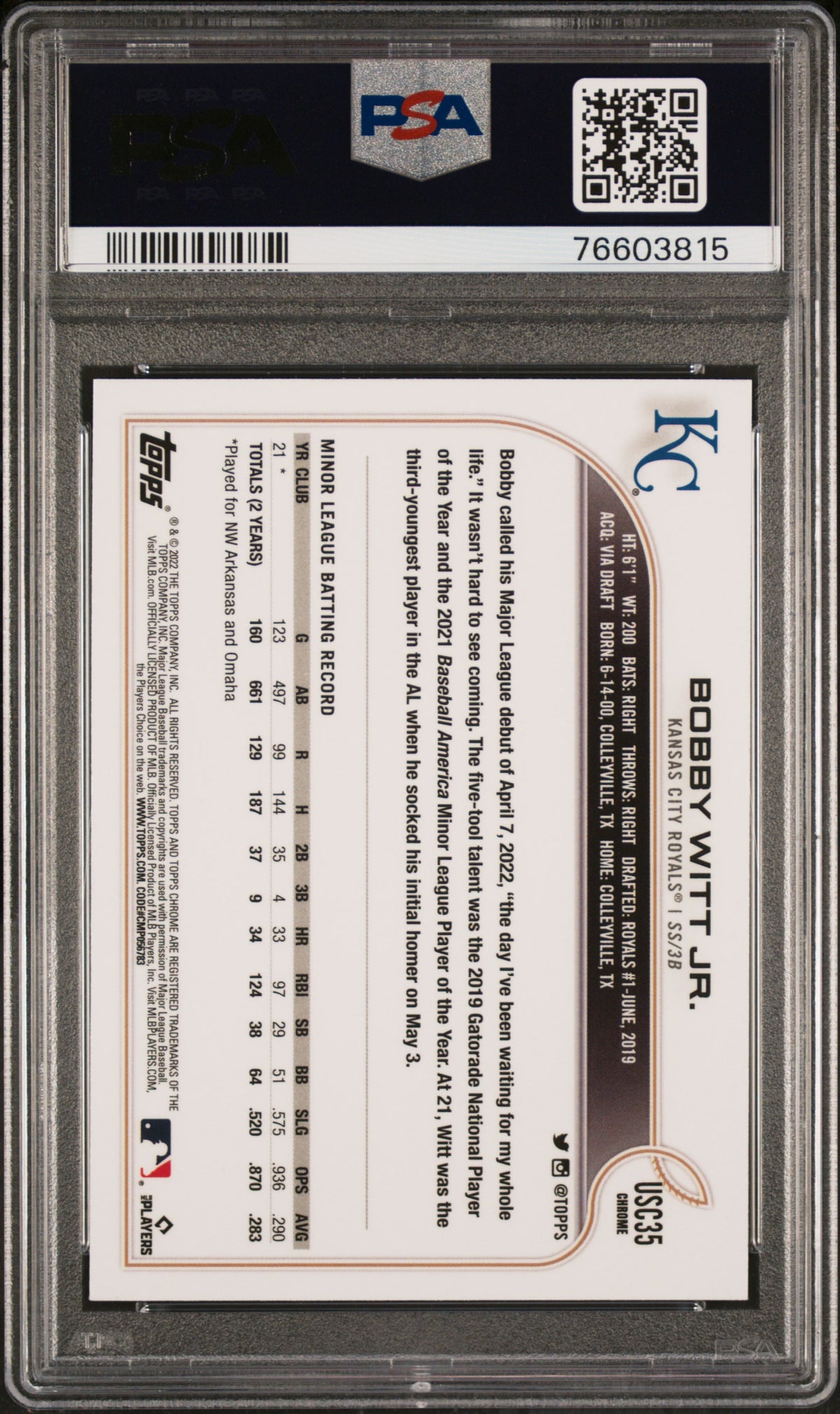 2022 Topps Chrome Update Bobby Witt Jr. Purple Refractor #USC35 — PSA 9 — PSA cert 76603815 — back