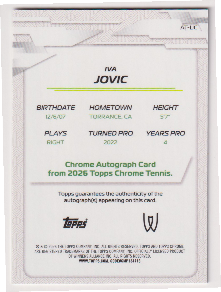 2026 Topps Chrome Tennis Iva Jovic Base Autograph #AT-IJC, back
