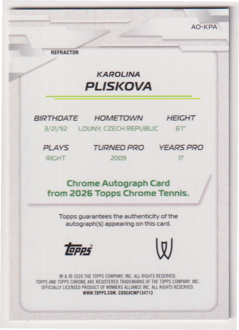 2026 Topps Chrome Tennis Karolina Pliskova Refractor Autograph #AO-KPA, back