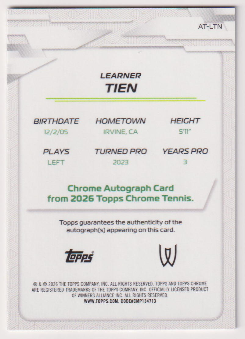 2026 Topps Chrome Tennis Learner Tien Base Autograph #AT-LTN, back