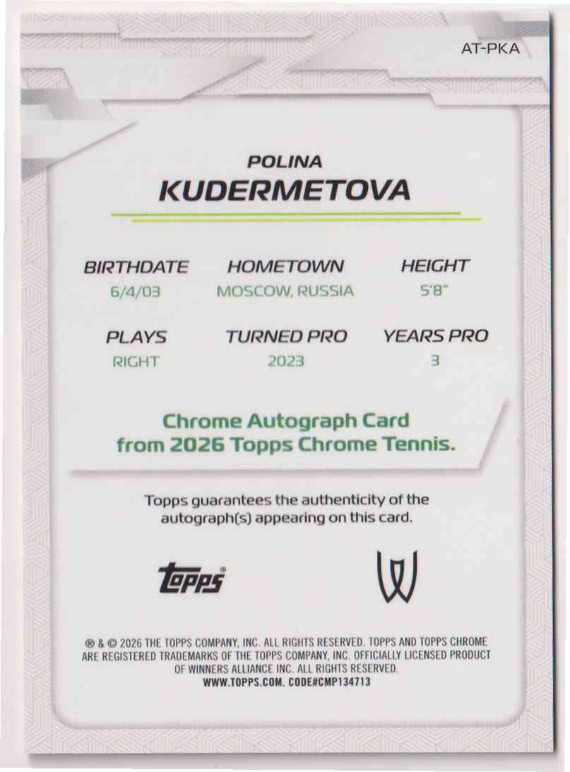 2026 Topps Chrome Tennis Polina Kudermetova Geometric Refractor Autograph RC #AT-PKA, back