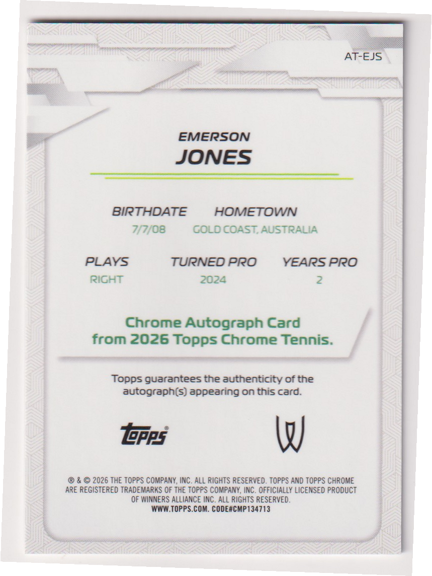 2026 Topps Chrome Tennis Emerson Jones Base Autograph RC #AT-EJS, back