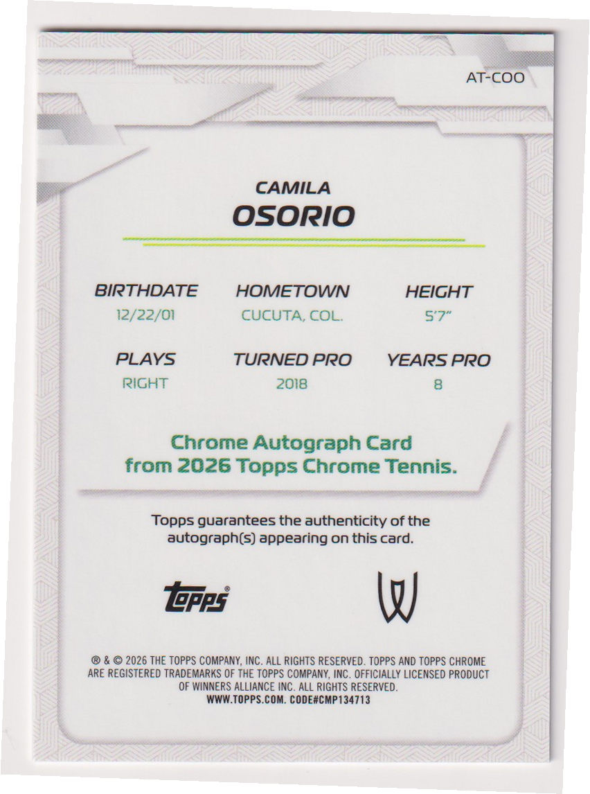 2026 Topps Chrome Tennis Camila Osorio Base Autograph #AT-COO, back