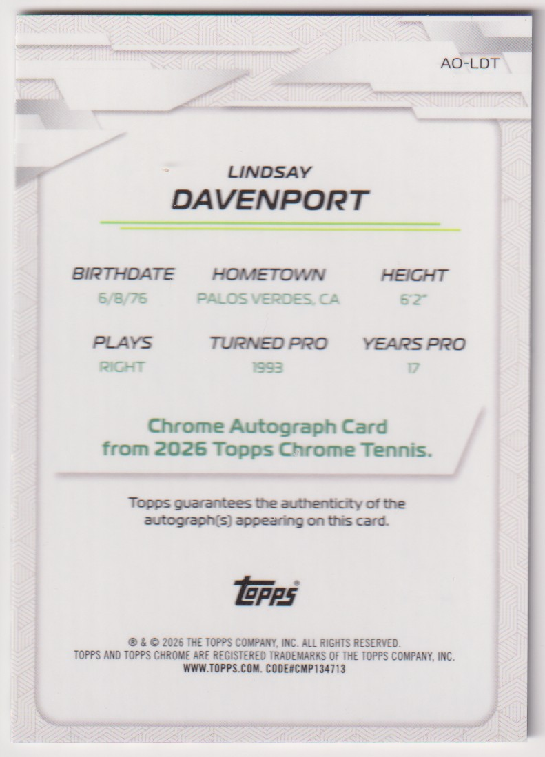 2026 Topps Chrome Tennis Lindsay Davenport Geometric Refractor Autograph #AO-LDT, back