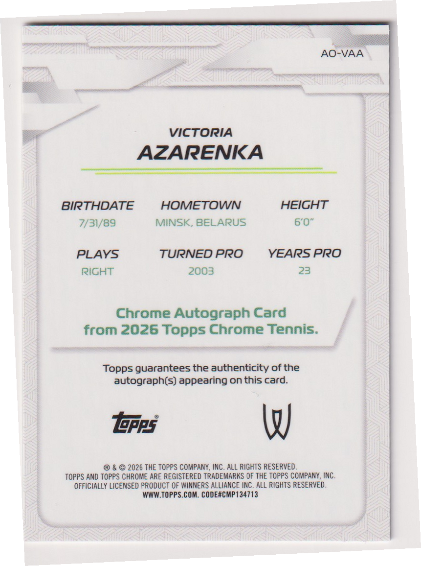 2026 Topps Chrome Tennis Victoria Azarenka Geometric Refractor Autograph #AO-VAA, back