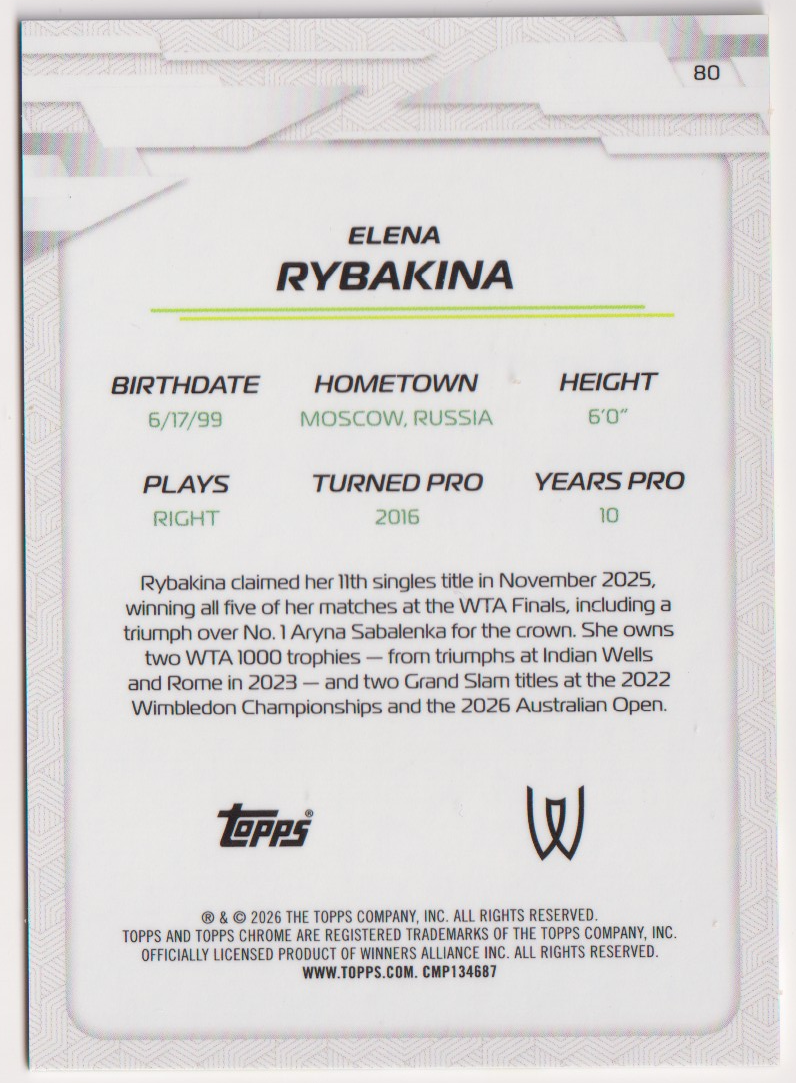 2026 Topps Chrome Tennis Elena Rybakina Yellow Refractor #80 202/275, back