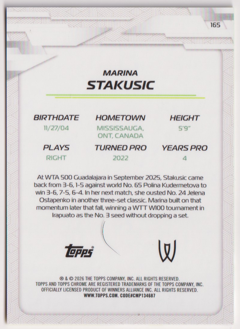 2026 Topps Chrome Tennis Marina Stakusic Yellow Refractor #165 187/275, back