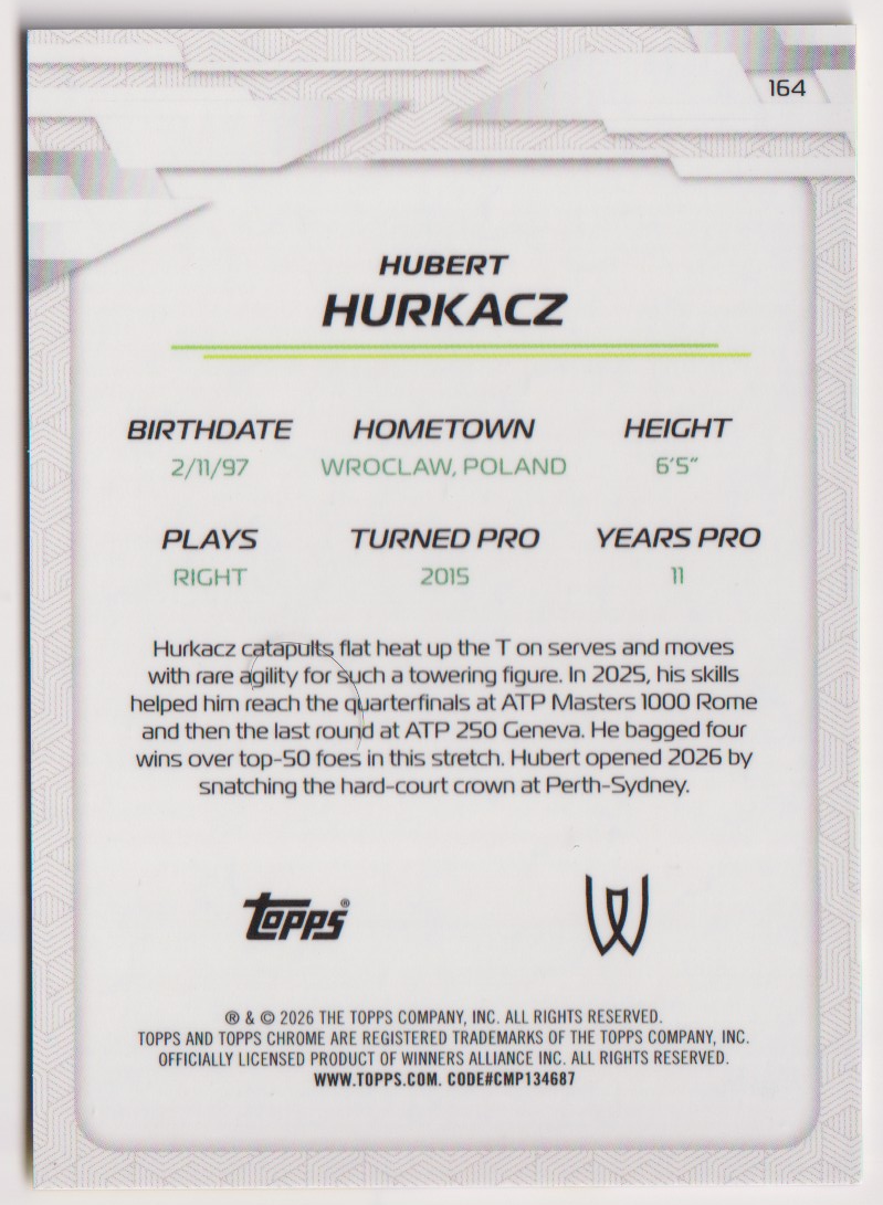 2026 Topps Chrome Tennis Hubert Hurkacz Yellow Refractor #164 026/275, back