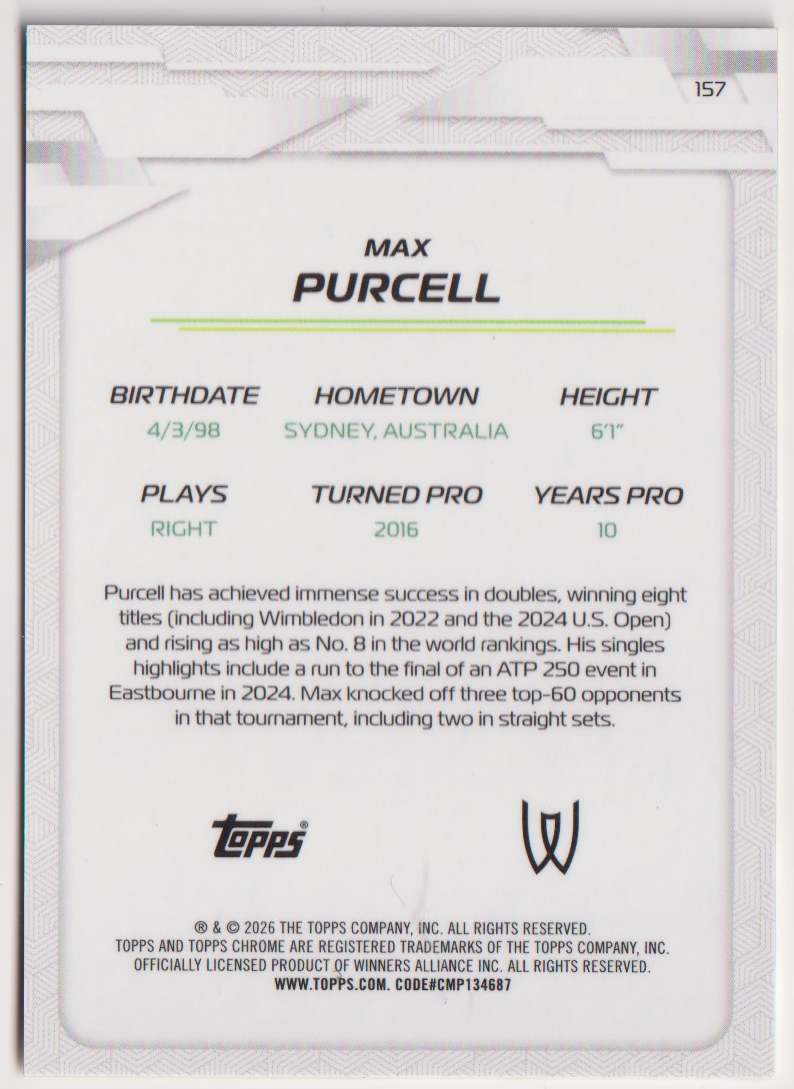 2026 Topps Chrome Tennis Max Purcell Yellow Refractor #157 194/275, back