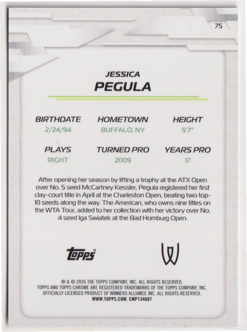 2026 Topps Chrome Tennis Jessica Pegula Yellow Refractor #75 218/275, back