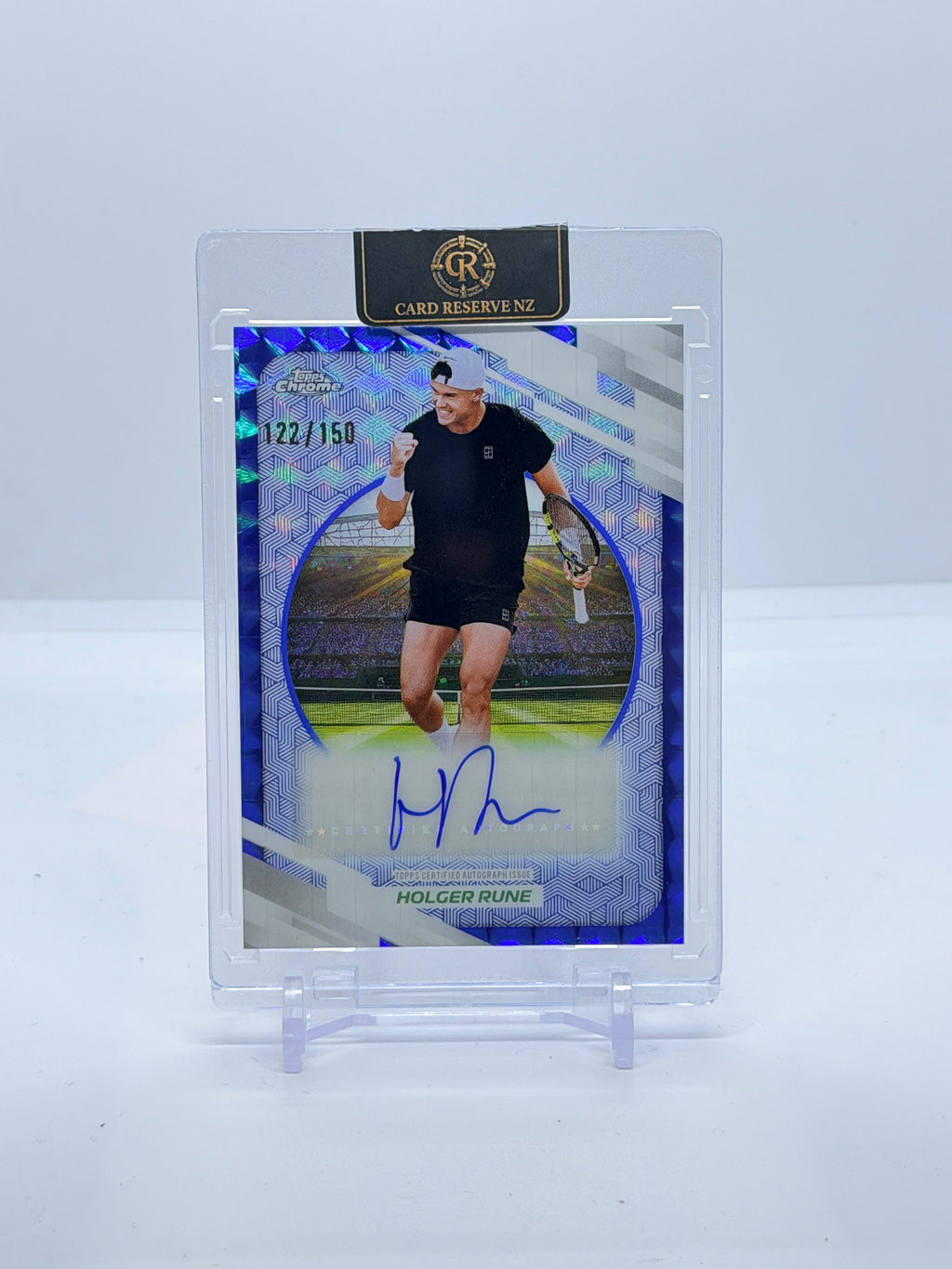 2026 Topps Chrome Tennis Holger Rune Blue Geometric Refractor Autograph #AO-HRE 122/150 — front