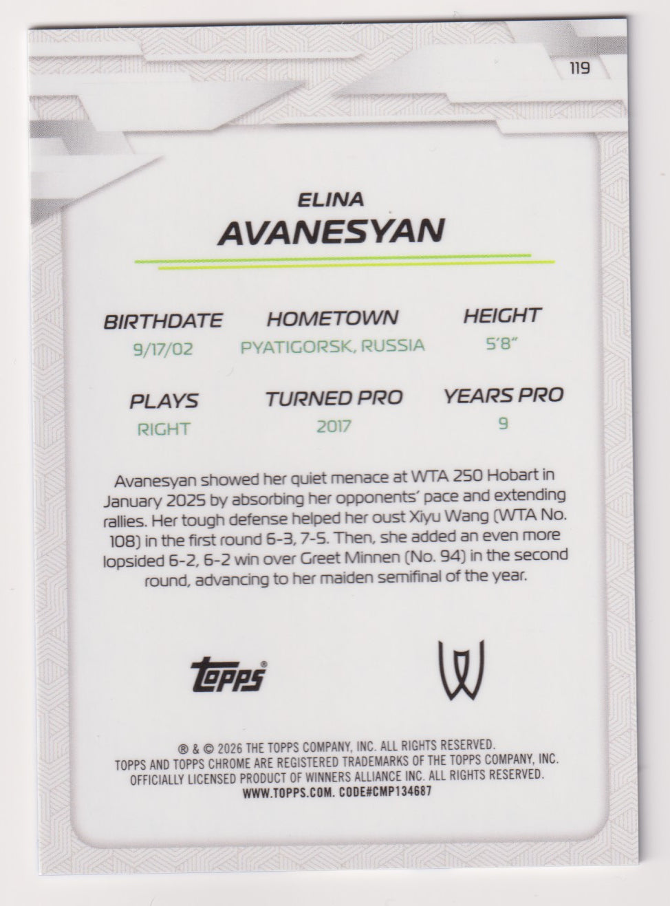 2026 Topps Chrome Tennis Elina Avanesyan Blue Refractor 023/150 — back