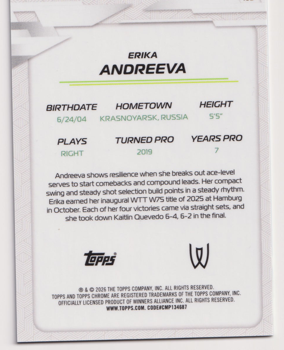 2026 Topps Chrome Tennis Erika Andreeva Blue Refractor 127/150 — back