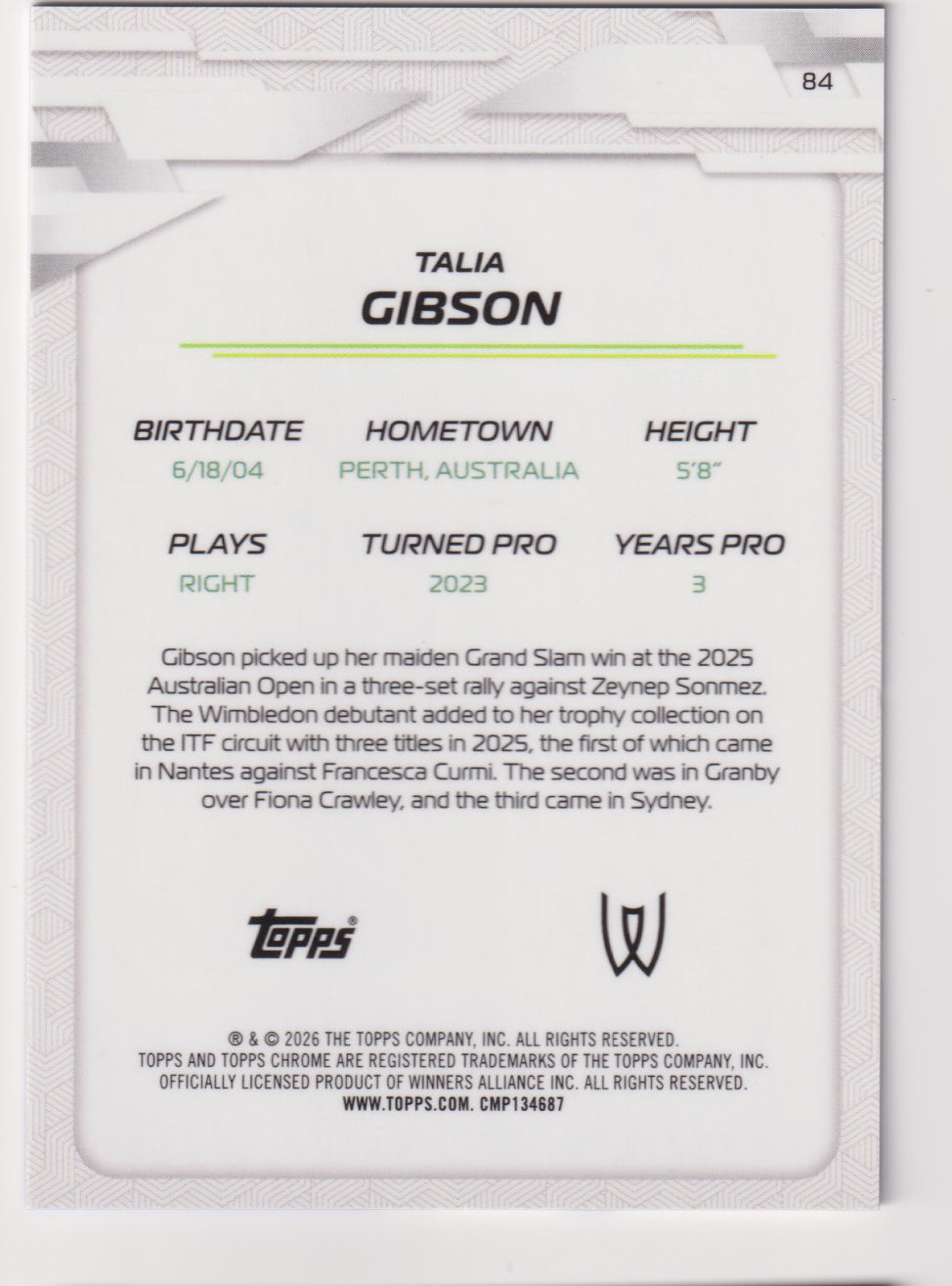 2026 Topps Chrome Tennis Talia Gibson Blue Refractor 051/150 — back