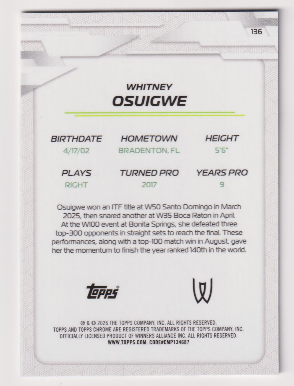 2026 Topps Chrome Tennis Whitney Osuigwe Blue Geometric Refractor 080/150 — back