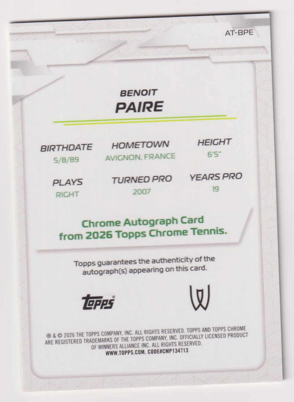 Benoit Paire Gold Geometric Refractor Autograph 15/50 back