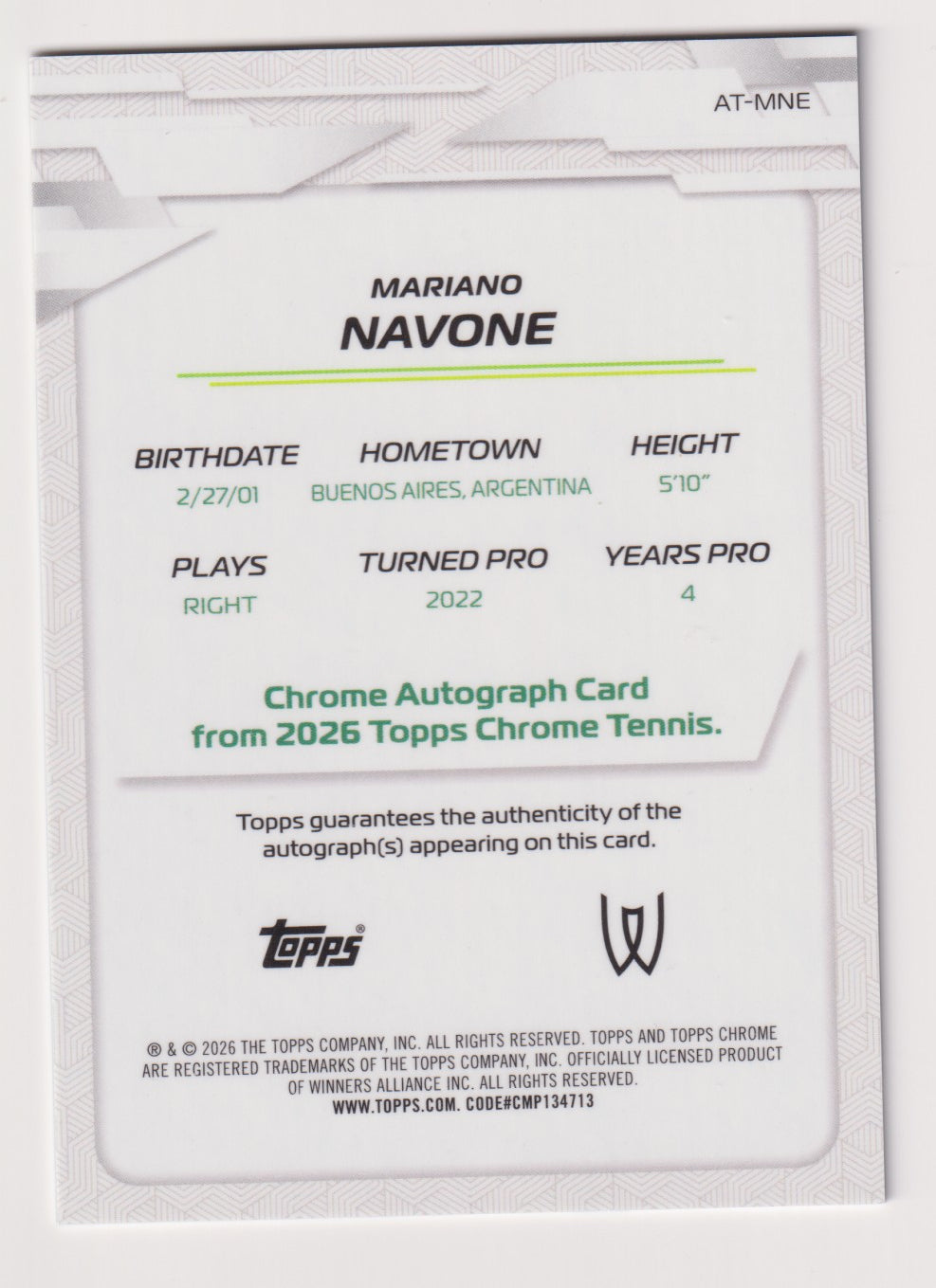 Mariano Navone Blue Refractor Autograph 080/150 back