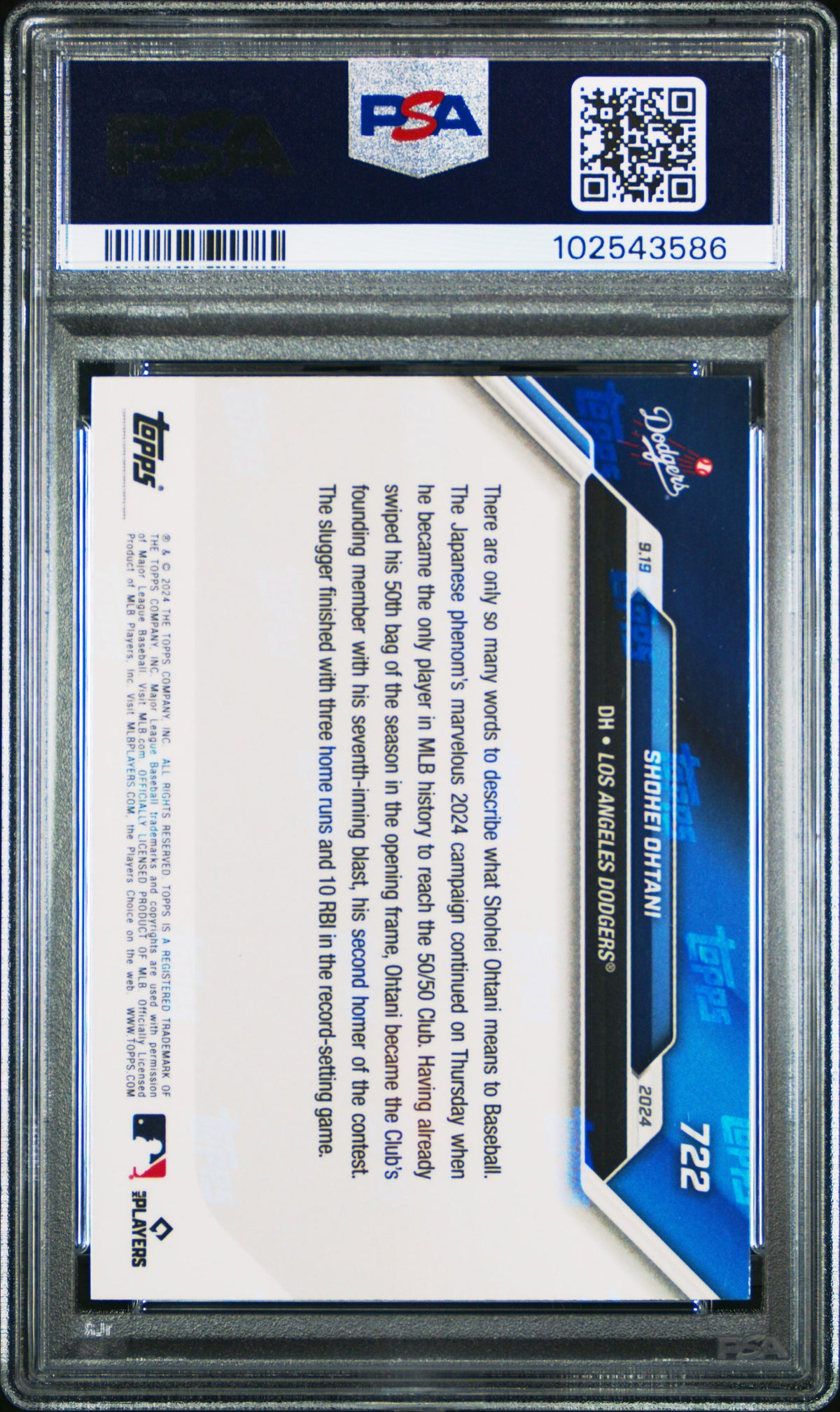 2024 Topps Now Shohei Ohtani #722 — PSA 10 — PSA cert 102543586 — back