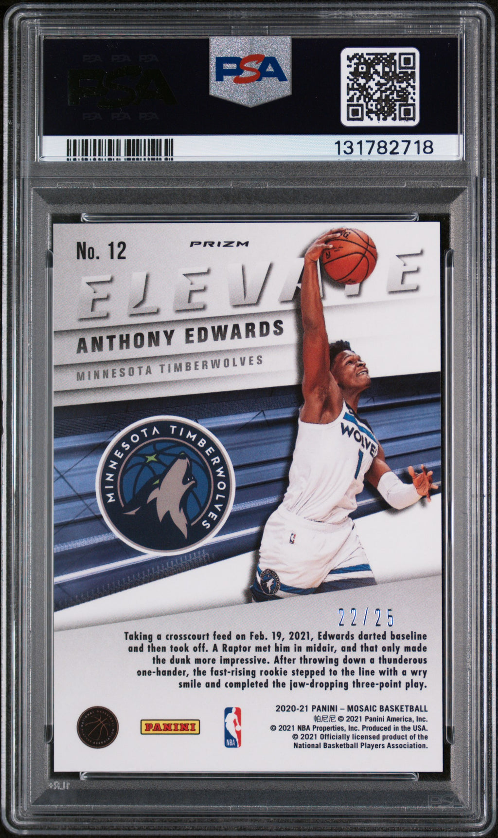 2020 Panini Mosaic Elevate Anthony Edwards Orange Fluorescent #12 – PSA 10 — PSA cert 131782718 — back