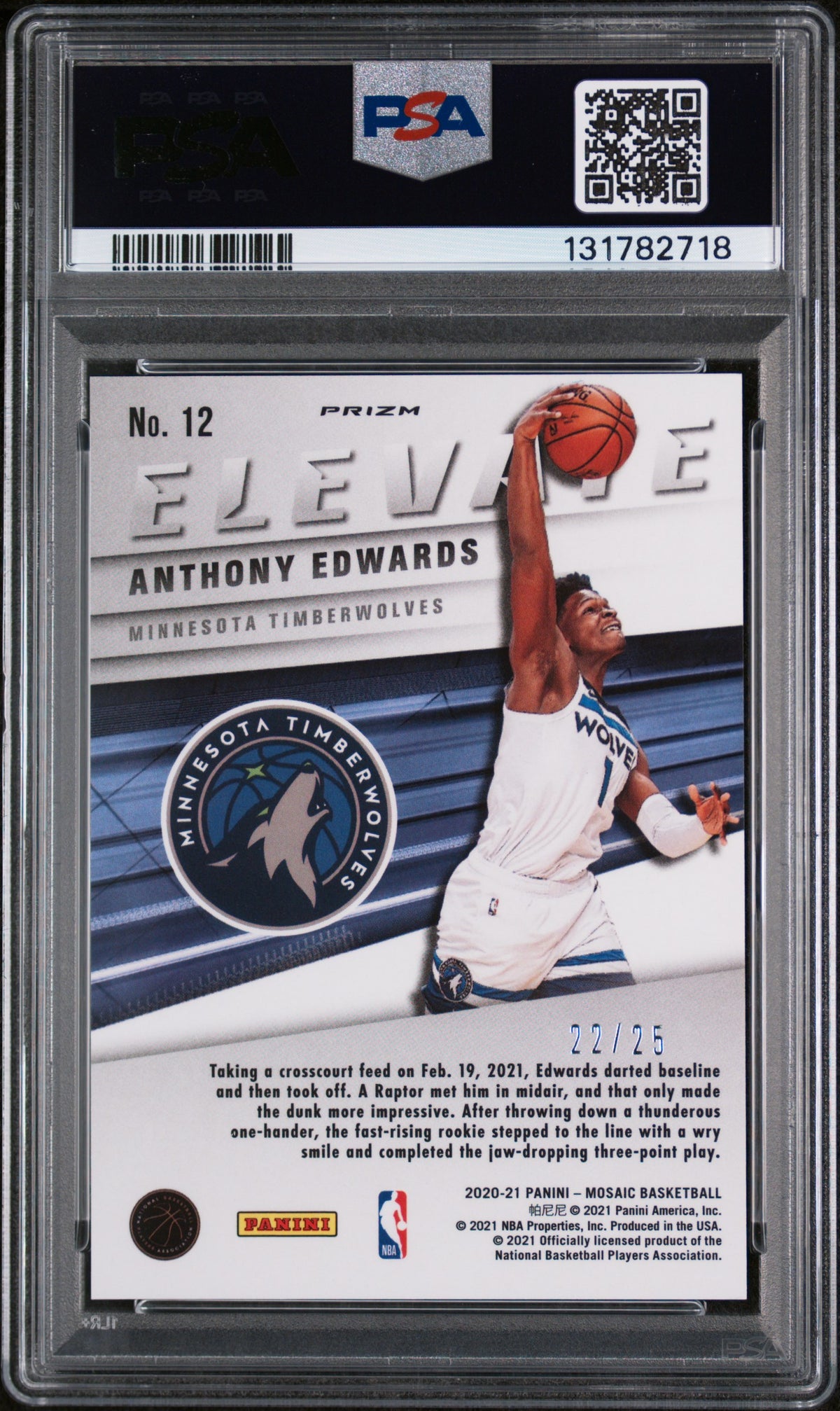 2020 Panini Mosaic Elevate Anthony Edwards Orange Fluorescent #12 – PSA 10 — PSA cert 131782718 — back