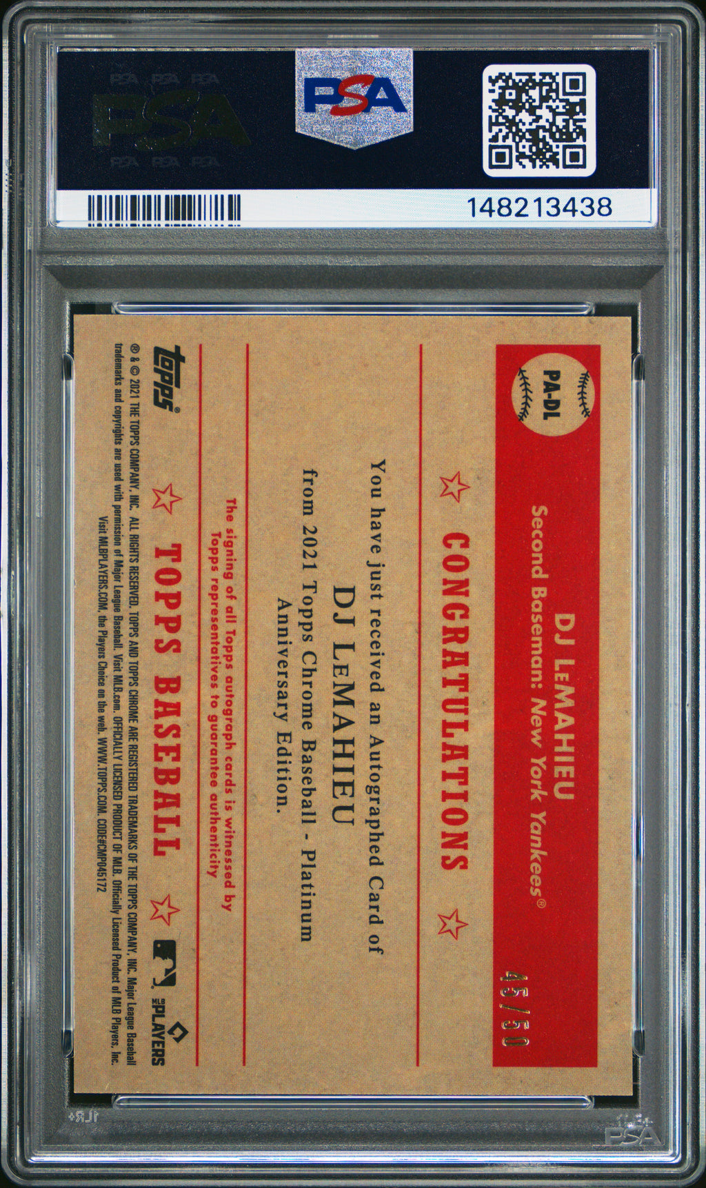 2021 Topps Chrome Platinum Anniversary Autographs DJ LeMahieu Gold Refractor #DL — PSA 8 — PSA cert 148213438 — back